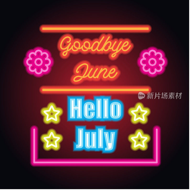 goodbye june hello july spring text sign with frame, vector illustration